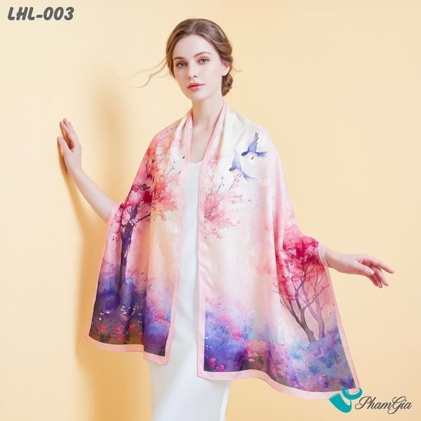 Khăn Choàng Lụa Hoa Linh Cao Cấp Họa Tiết Song Nhạn Đào Hoa Màu Hồng Phấn Trang Nhã (LHL003)