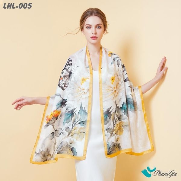 Khăn Choàng Lụa Hoa Linh Cao Cấp Họa Tiết Cúc Hoa Hồ Điệp Màu Trắng Sang Trọng (LHL005)