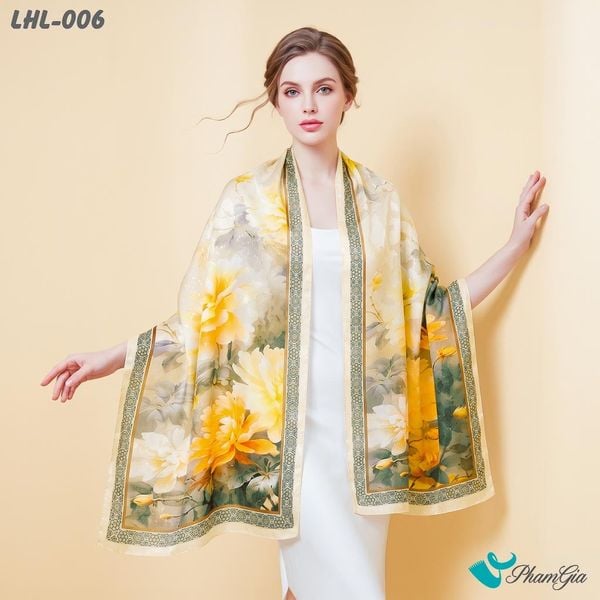 Khăn Choàng Lụa Hoa Linh Cao Cấp Họa Tiết Cúc Đại Đóa Màu Vàng Hoàng Kim Quý Phái (LHL006)