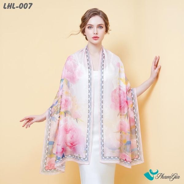 Khăn Choàng Lụa Hoa Linh Cao Cấp Họa Tiết Hoa Mẫu Đơn Màu Hồng Phấn Thanh Lịch (LHL007)