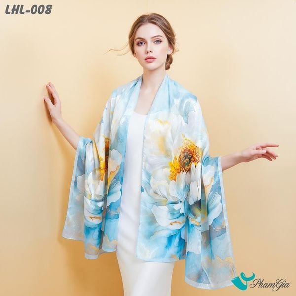 Khăn Choàng Lụa Hoa Linh Cao Cấp Họa Tiết Mẫu Đơn Đại Đóa Màu Xanh Lam Tinh Tế (LHL008)