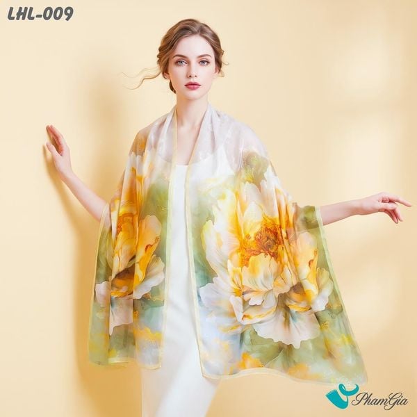 Khăn Choàng Lụa Hoa Linh Cao Cấp Họa Tiết Mẫu Đơn Đại Đóa Màu Vàng Sang Trọng (LHL009)