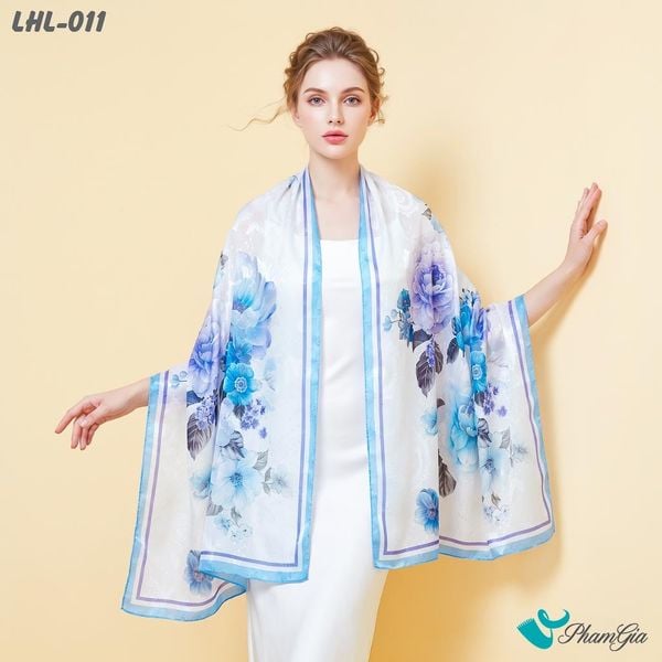Khăn Choàng Lụa Hoa Linh Cao Cấp Họa Tiết Hoa Hồng Màu Xanh Thiên Thanh Kiêu Sa (LHL011)