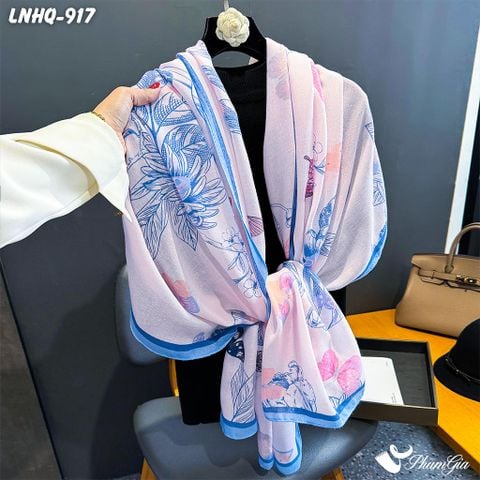 Khăn Choàng Linen Phong Cách Hàn Quốc Hoạ Tiết Hoa Lá Màu Xanh Baby Thanh Lịch (LNHQ917)