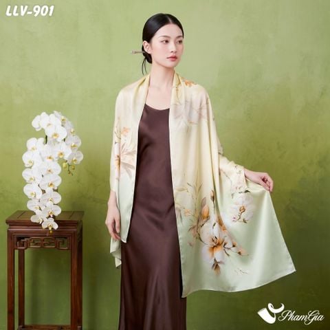 Khăn Lụa Tơ Tằm Lâm Viên 100% Silk Họa Tiết Hoa Mộc Lan Nền Xám Khói Phối Xanh Trà Thượng Hạng (LLV901)