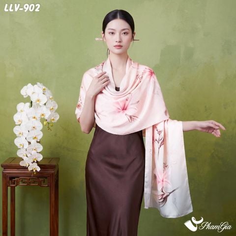 Khăn Lụa Tơ Tằm Lâm Viên 100% Silk Họa Tiết Hoa Bách Hợp Nền Hồng Nude Phối Xám Khói Thượng Hạng (LLV902)