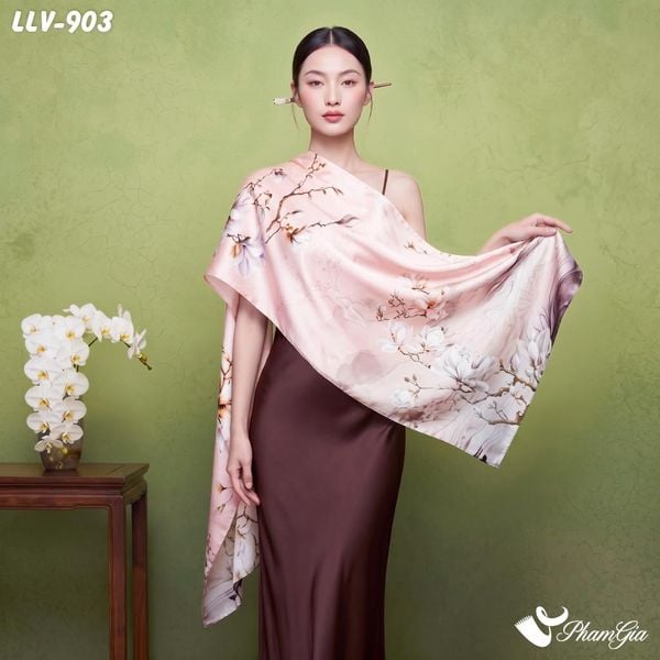 Khăn Lụa Tơ Tằm Lâm Viên 100% Silk Họa Tiết Ngự Uyển Sương Mai Nền Hồng Phấn Thượng Hạng (LLV903)
