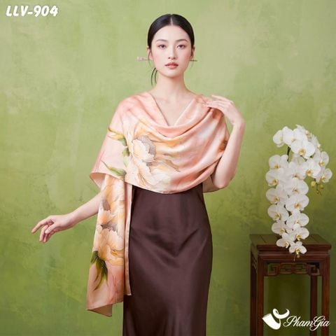 Khăn Lụa Tơ Tằm Lâm Viên 100% Silk Họa Tiết Vương Giả Chi Hoa Nền Cam Đào Thượng Hạng (LLV904)