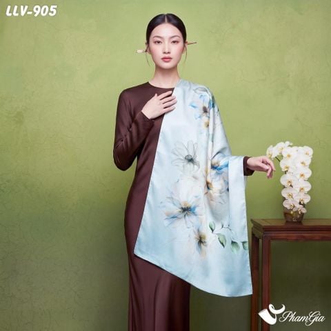 Khăn Lụa Tơ Tằm Lâm Viên 100% Silk Họa Tiết Hoa Lam Ngọc Chuyển Màu Ghi Bạc Thượng Hạng (LLV905)
