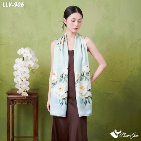 Khăn Lụa Tơ Tằm Lâm Viên 100% Silk Họa Tiết Bạch Trà Ngự Uyển Nền Xanh Bạc Hà Phối Xám Thượng Hạng (LLV906)
