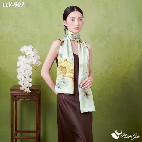 Khăn Lụa Tơ Tằm Lâm Viên 100% Silk Họa Tiết Hoàng Hoa Cổ Phong Nền Xám Khói Phối Vàng Đồng Thượng Hạng (LLV907)
