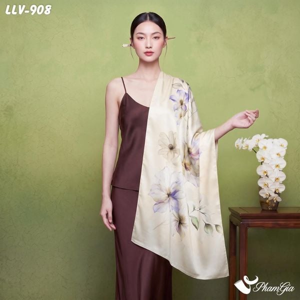 Khăn Lụa Tơ Tằm Lâm Viên 100% Silk Họa Tiết Mộng Hoa Nền Cam Đào Thượng Hạng (LLV908)