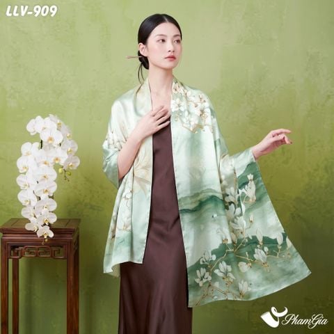 Khăn Lụa Tơ Tằm Lâm Viên 100% Silk Họa Tiết Hoa Mộc Lan Ngự Uyển Nền Xanh Lục Bảo Thượng Hạng (LLV909)