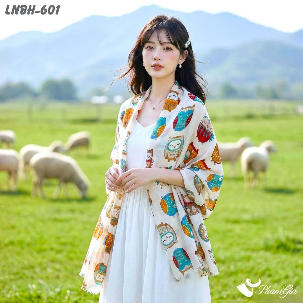 Khăn Choàng Linen Boho Họa Tiết Cú Mèo Cá Tính (LNBH601)