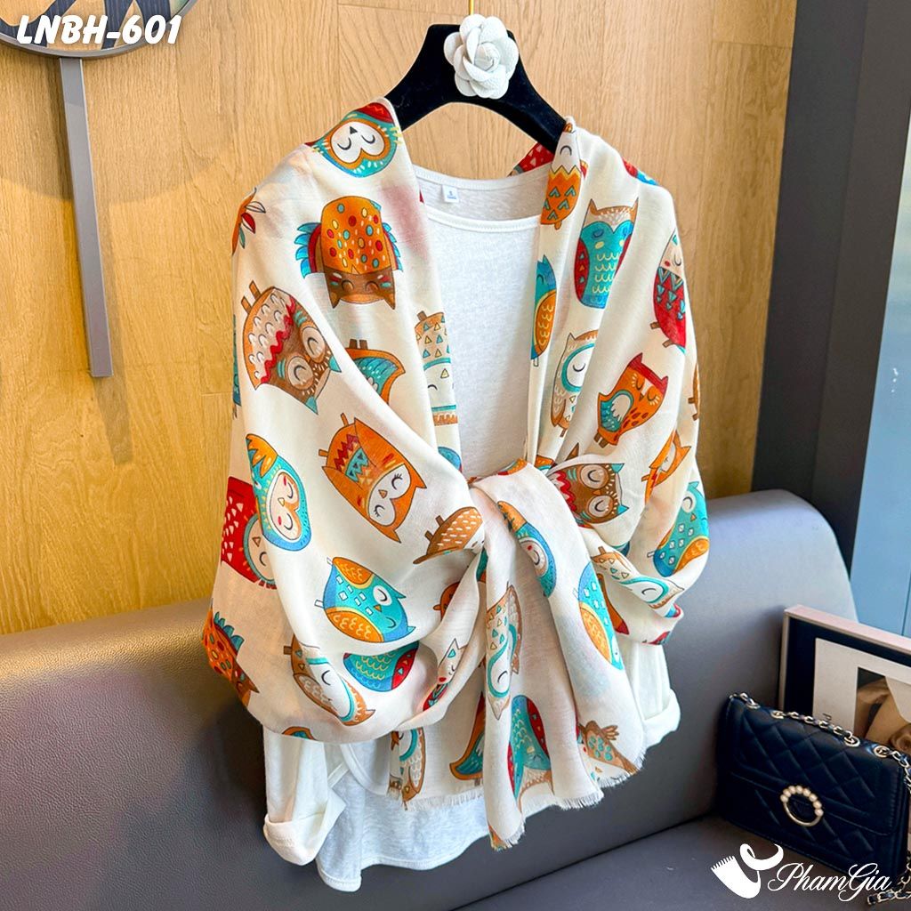 Khăn Choàng Linen Boho Họa Tiết Cú Mèo Cá Tính (LNBH601)