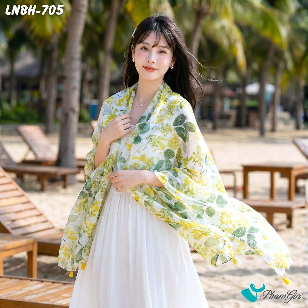 Khăn Choàng Linen Boho Họa Tiết Hoa Lá Botanical (LNBH705)