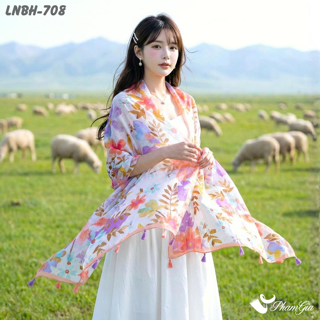 Khăn Choàng Linen Boho Họa Tiết Hoa Lá Botanical (LNBH708)