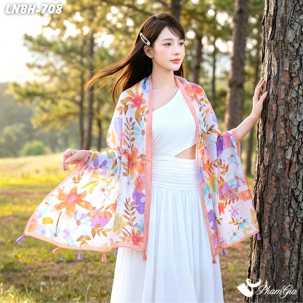 Khăn Choàng Linen Boho Họa Tiết Hoa Lá Botanical (LNBH708)