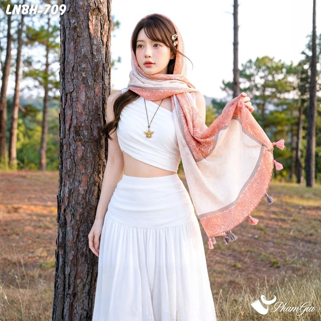 Khăn Choàng Linen Boho Họa Tiết Hoa Paisley Màu Cam Đào Nhẹ Nhàng (LNBH709)