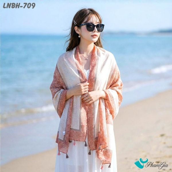 Khăn Choàng Linen Boho Họa Tiết Hoa Paisley Màu Cam Đào Nhẹ Nhàng (LNBH709)