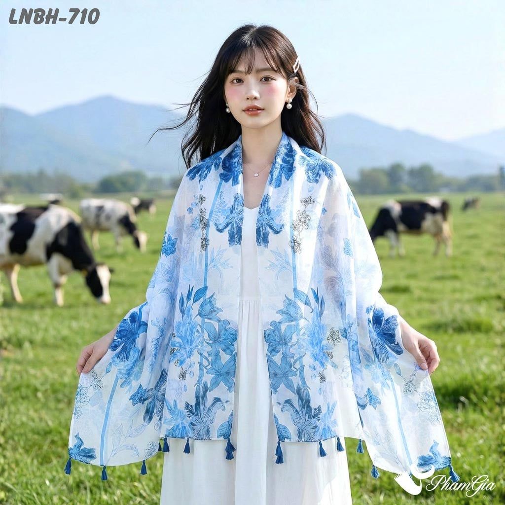 Khăn Choàng Linen Boho Họa Tiết Hoa Lily Màu Xanh Blue Thanh Lịch (LNBH710)