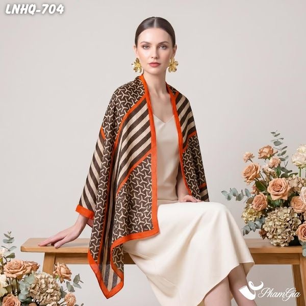 Khăn Choàng Linen Phong Cách Hàn Quốc Họa Tiết Retro Màu Cam Thanh Lịch (LNHQ704)