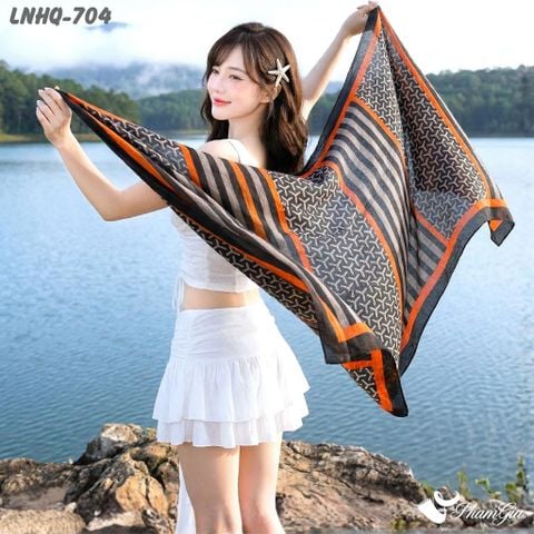 Khăn Choàng Linen Phong Cách Hàn Quốc Họa Tiết Retro Màu Cam Thanh Lịch (LNHQ704)