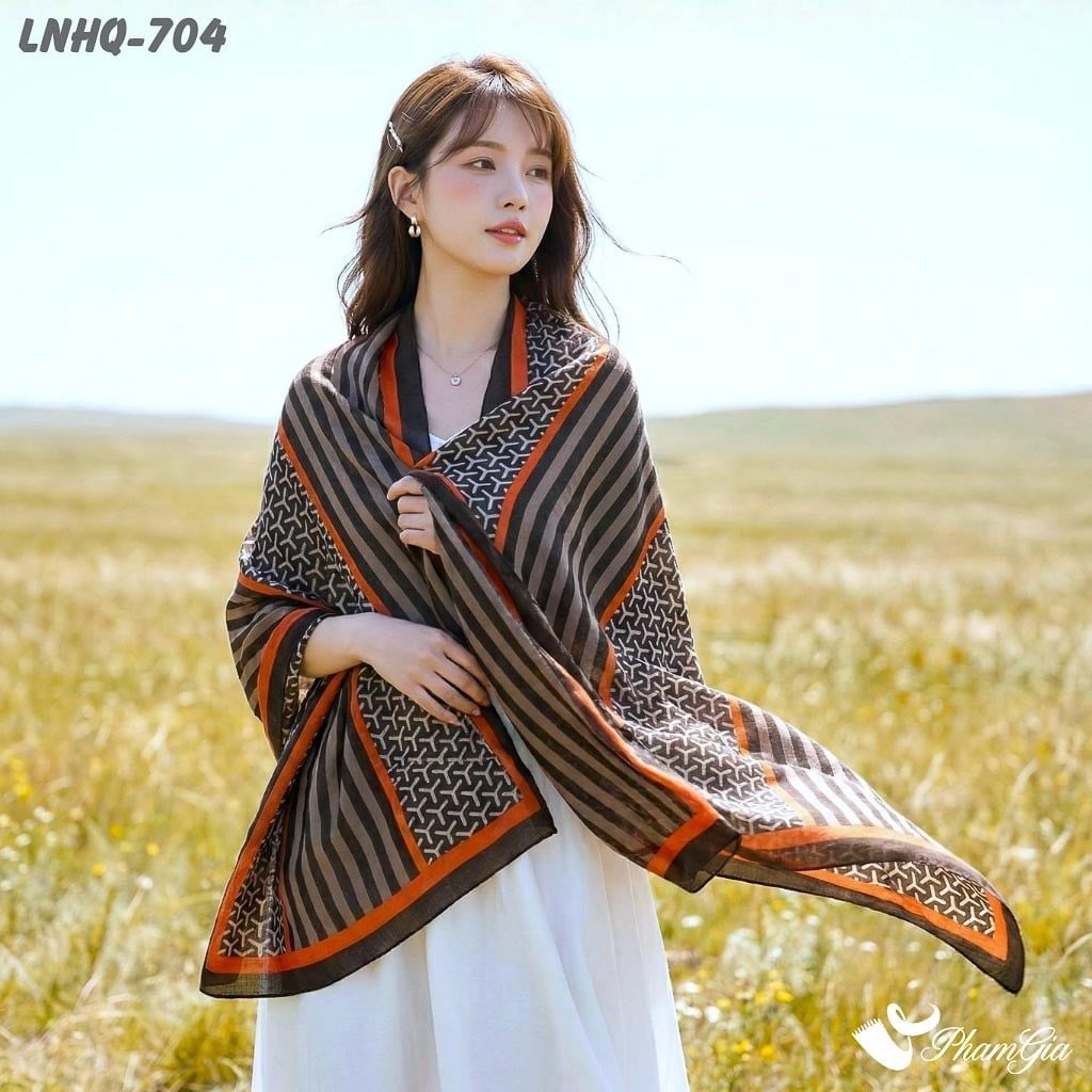 Khăn Choàng Linen Phong Cách Hàn Quốc Họa Tiết Retro Màu Cam Thanh Lịch (LNHQ704)