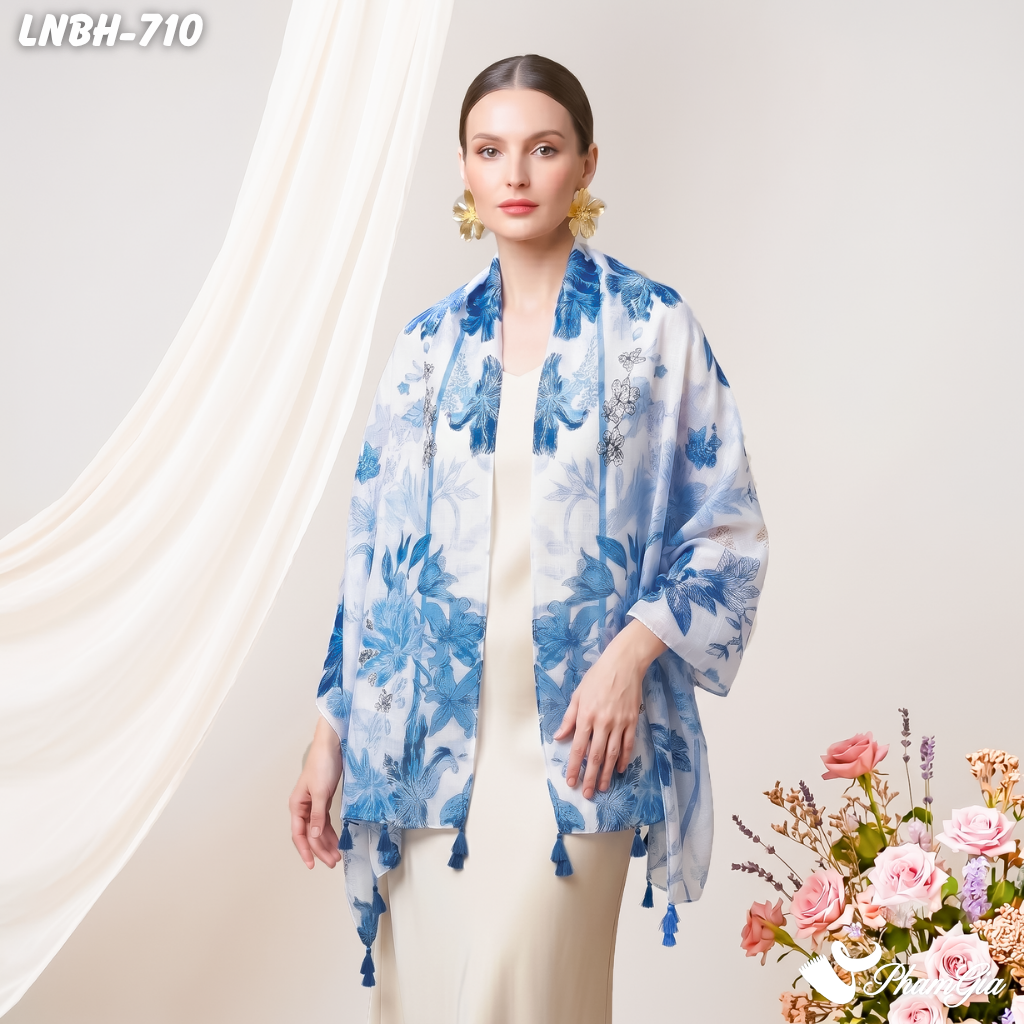 Khăn Choàng Linen Boho Họa Tiết Hoa Lily Màu Xanh Blue Thanh Lịch (LNBH710)
