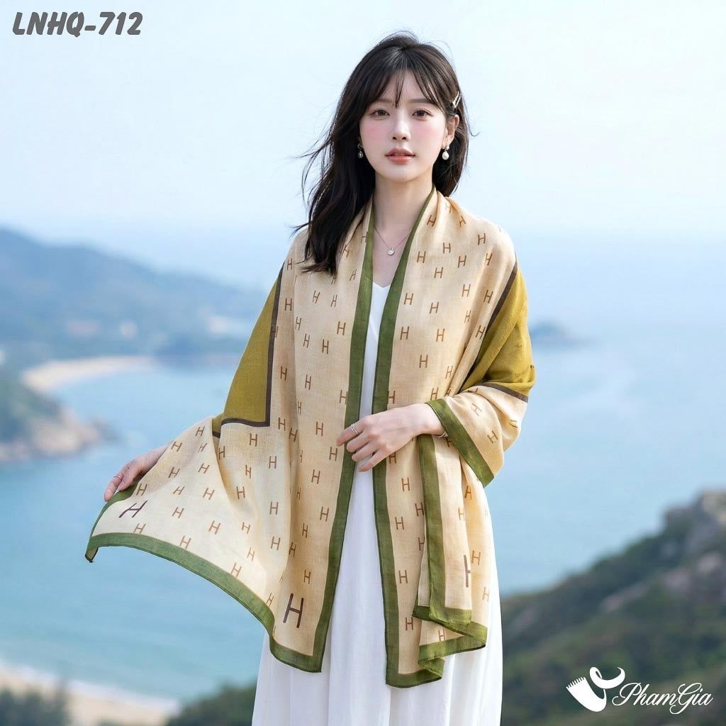 Khăn Choàng Linen Phong Cách Hàn Quốc Họa Tiết Chữ H Màu Kem Hiện Đại (LNHQ712)