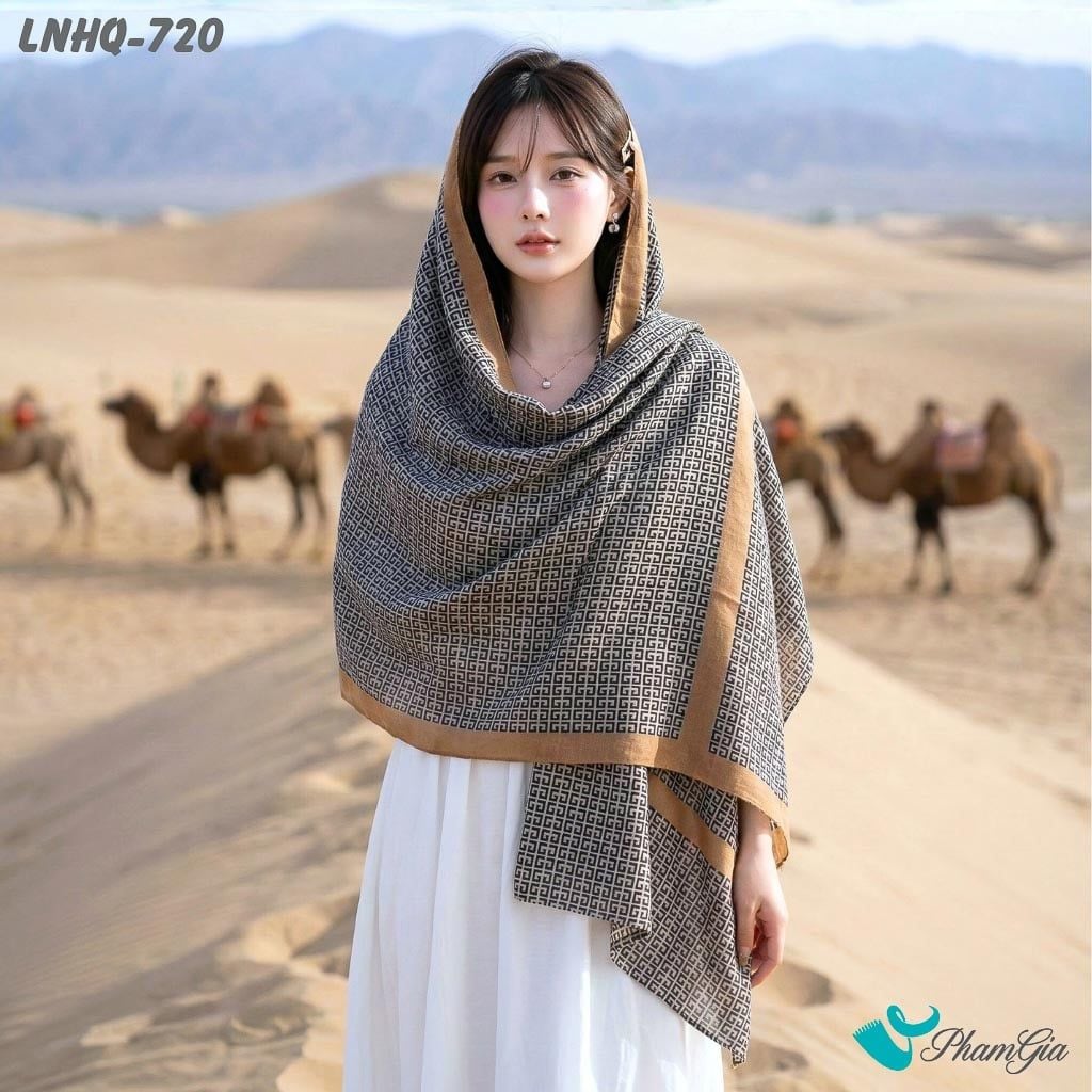Khăn Choàng Linen Phong Cách Hàn Quốc Họa Tiết Hy Lạp Màu Đen Thanh Lịch (LNHQ720)