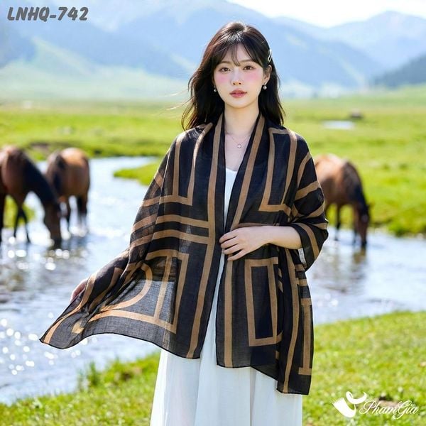 Khăn Choàng Linen Phong Cách Hàn Quốc Họa Tiết Retro Hiện Đại (LNHQ742)