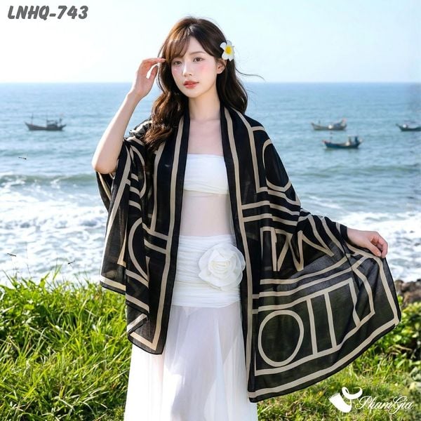 Khăn Choàng Linen Phong Cách Hàn Quốc Họa Tiết Retro Màu Đen Be Hiện Đại (LNHQ743)
