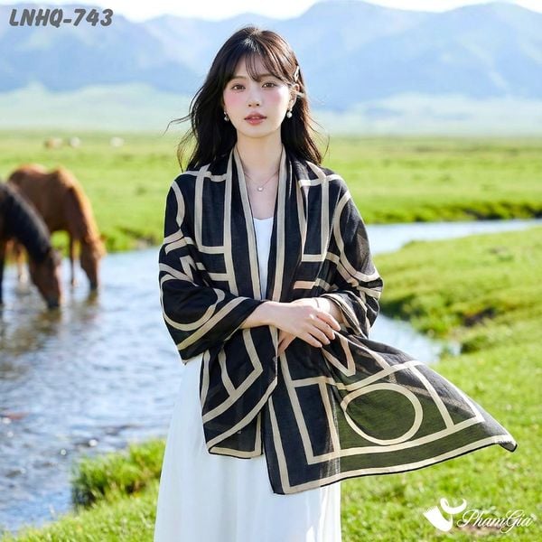 Khăn Choàng Linen Phong Cách Hàn Quốc Họa Tiết Retro Màu Đen Be Hiện Đại (LNHQ743)