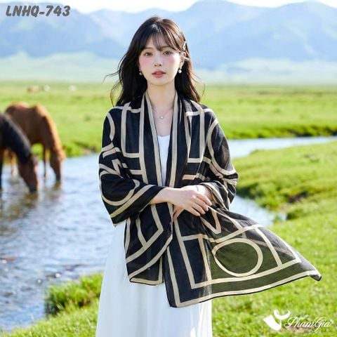 Khăn Choàng Linen Phong Cách Hàn Quốc Họa Tiết Retro Màu Đen Be Hiện Đại (LNHQ743)