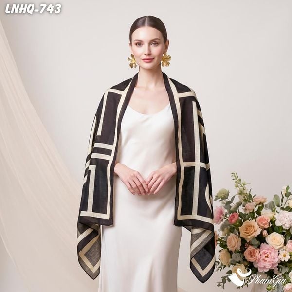 Khăn Choàng Linen Phong Cách Hàn Quốc Họa Tiết Retro Màu Đen Be Hiện Đại (LNHQ743)