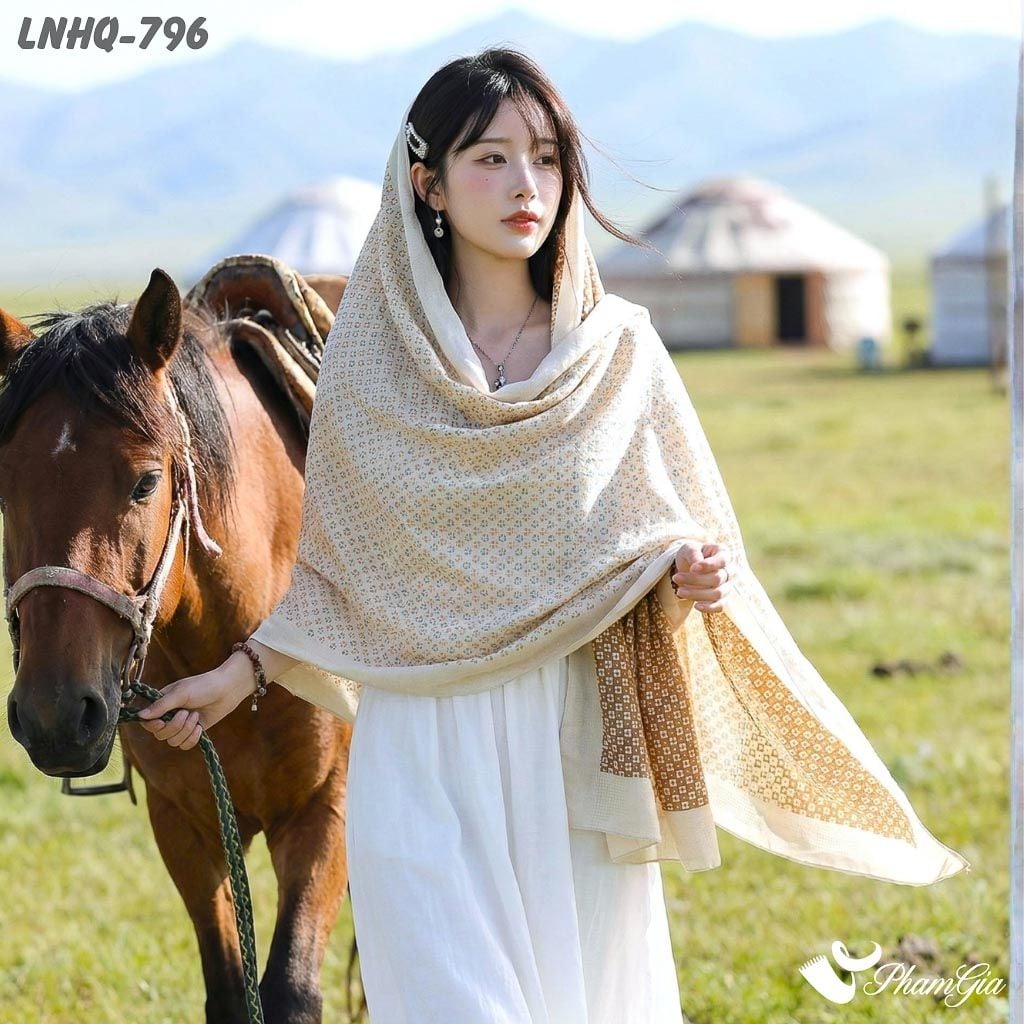 Khăn Choàng Linen Phong Cách Hàn Quốc Họa Tiết Mosaic Kem Nâu Dịu Dàng (LNHQ796)
