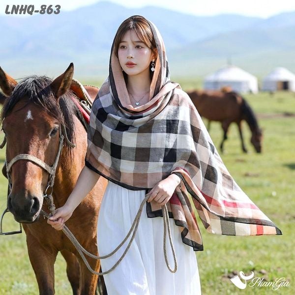 Khăn Choàng Linen Phong Cách Hàn Quốc Họa Tiết Caro Nền Cam Hiện Đại (LNHQ863)