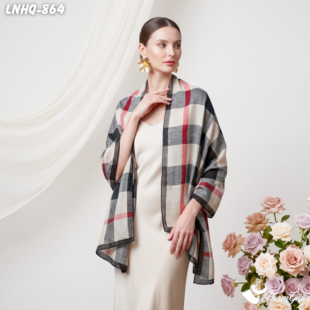 Khăn Choàng Linen Phong Cách Hàn Quốc Họa Tiết Caro Nền Kem Hiện Đại (LNHQ864)