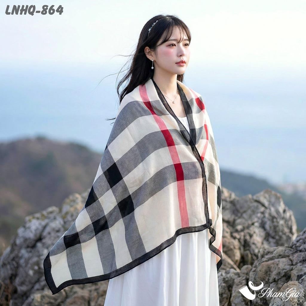 Khăn Choàng Linen Phong Cách Hàn Quốc Họa Tiết Caro Nền Kem Hiện Đại (LNHQ864)