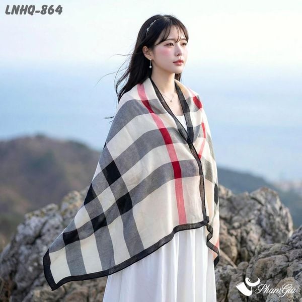 Khăn Choàng Linen Phong Cách Hàn Quốc Họa Tiết Caro Nền Kem Hiện Đại (LNHQ864)