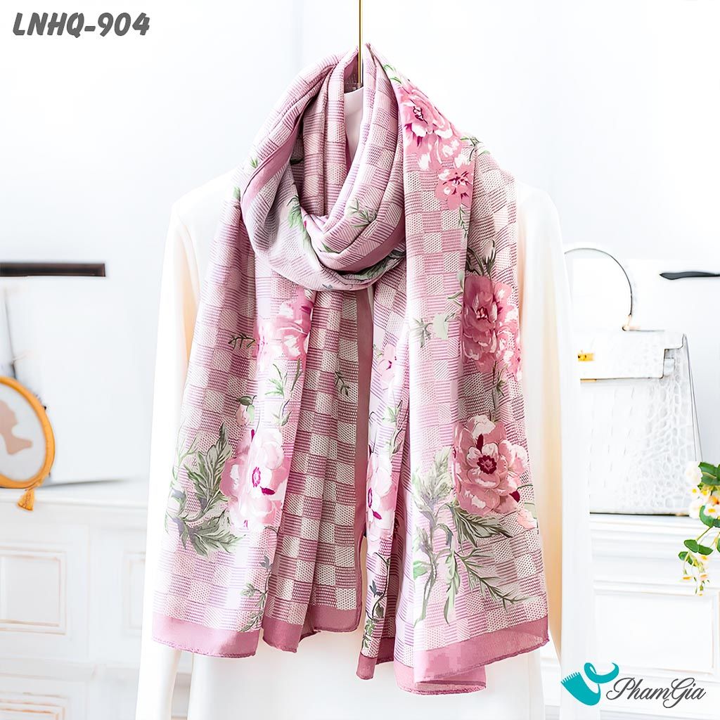 Khăn Choàng Linen Phong Cách Hàn Quốc Họa Tiết Caro Hồng Phối Hoa Nữ Tính (LNHQ904)