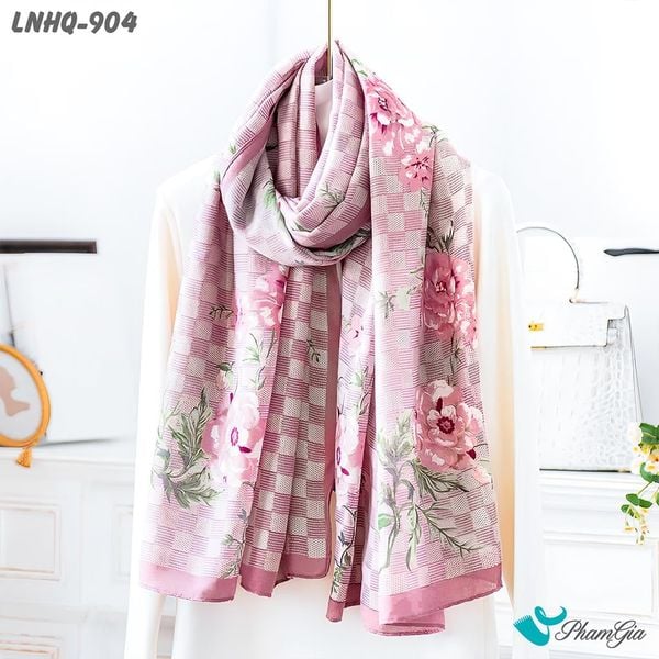 Khăn Choàng Linen Phong Cách Hàn Quốc Họa Tiết Caro Hồng Phối Hoa Nữ Tính (LNHQ904)