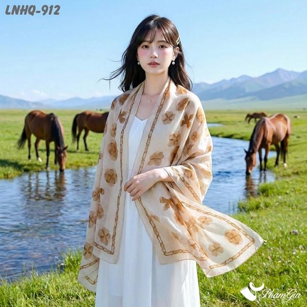 Khăn Choàng Linen Phong Cách Hàn Quốc Hoạ Tiết Hoa Cách Điệu Màu Nâu Thanh Lịch (LNHQ912)