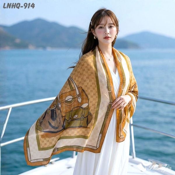 Khăn Choàng Linen Phong Cách Hàn Quốc Hoạ Tiết Túi Xách Retro Phối Viền Xanh Hiện Đại (LNHQ914)