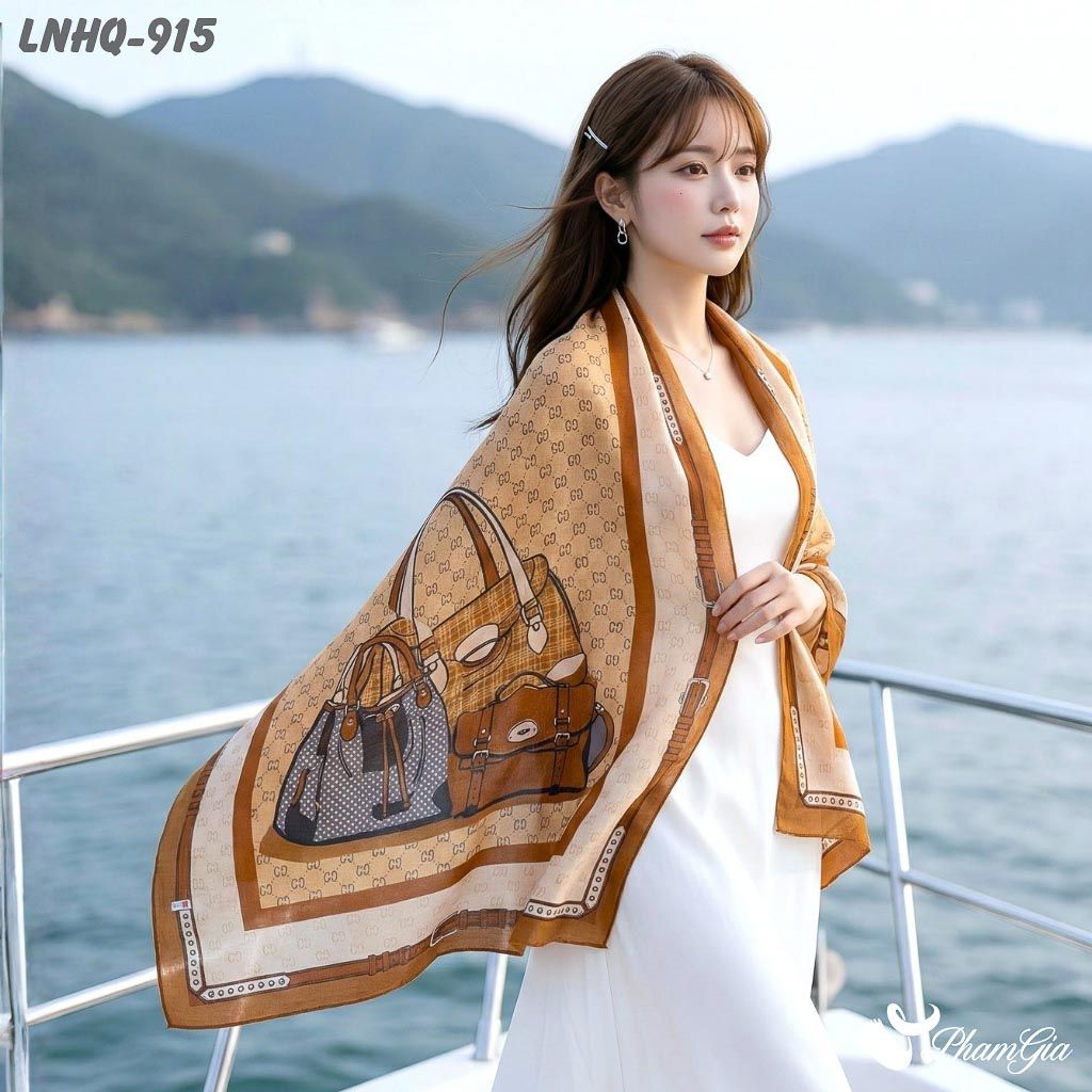 Khăn Choàng Linen Phong Cách Hàn Quốc Hoạ Tiết Túi Xách Retro Phối Viền Nâu Hiện Đại (LNHQ915)