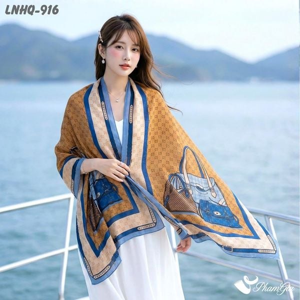Khăn Choàng Linen Phong Cách Hàn Quốc Hoạ Tiết Túi Xách Retro Phối Viền Xanh Navy Hiện Đại (LNHQ916)