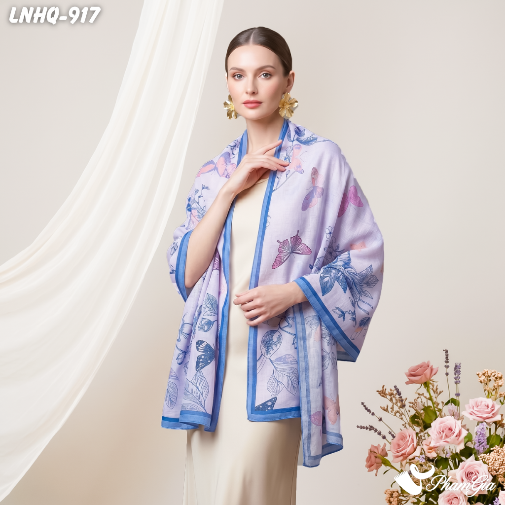 Khăn Choàng Linen Phong Cách Hàn Quốc Hoạ Tiết Hoa Lá Màu Xanh Baby Thanh Lịch (LNHQ917)