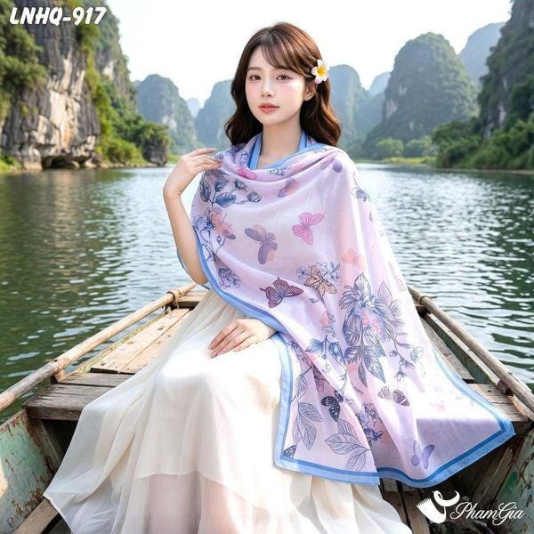 Khăn Choàng Linen Phong Cách Hàn Quốc Hoạ Tiết Hoa Lá Màu Xanh Baby Thanh Lịch (LNHQ917)