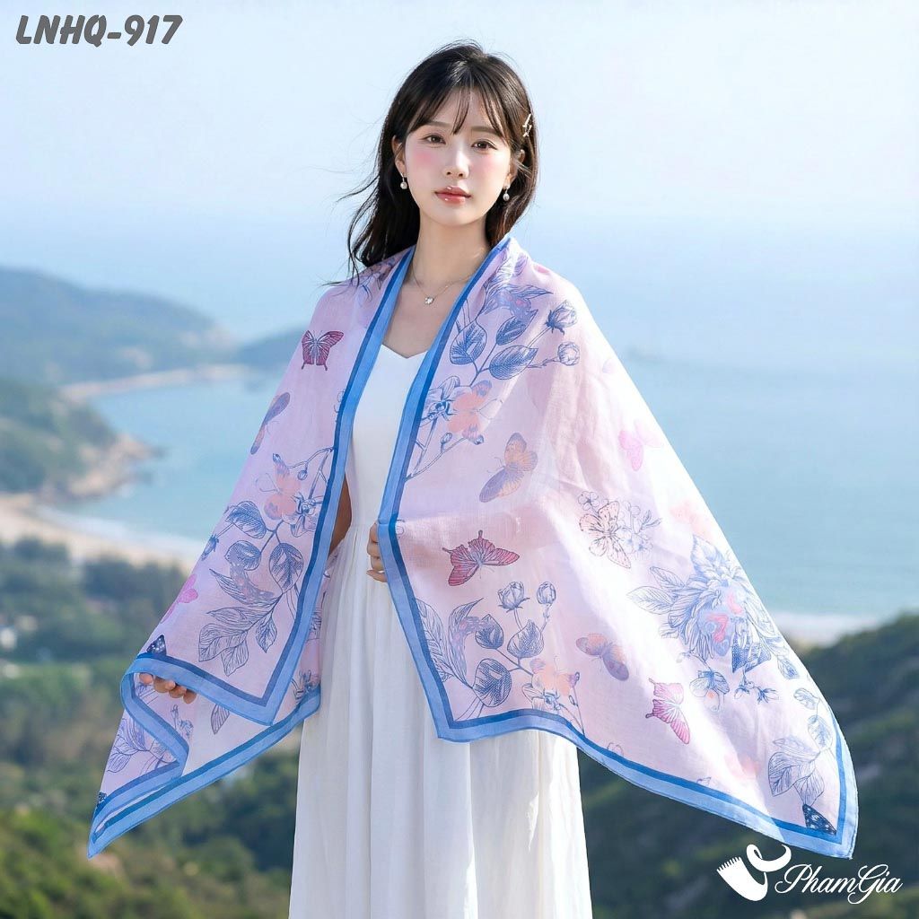 Khăn Choàng Linen Phong Cách Hàn Quốc Hoạ Tiết Hoa Lá Màu Xanh Baby Thanh Lịch (LNHQ917)